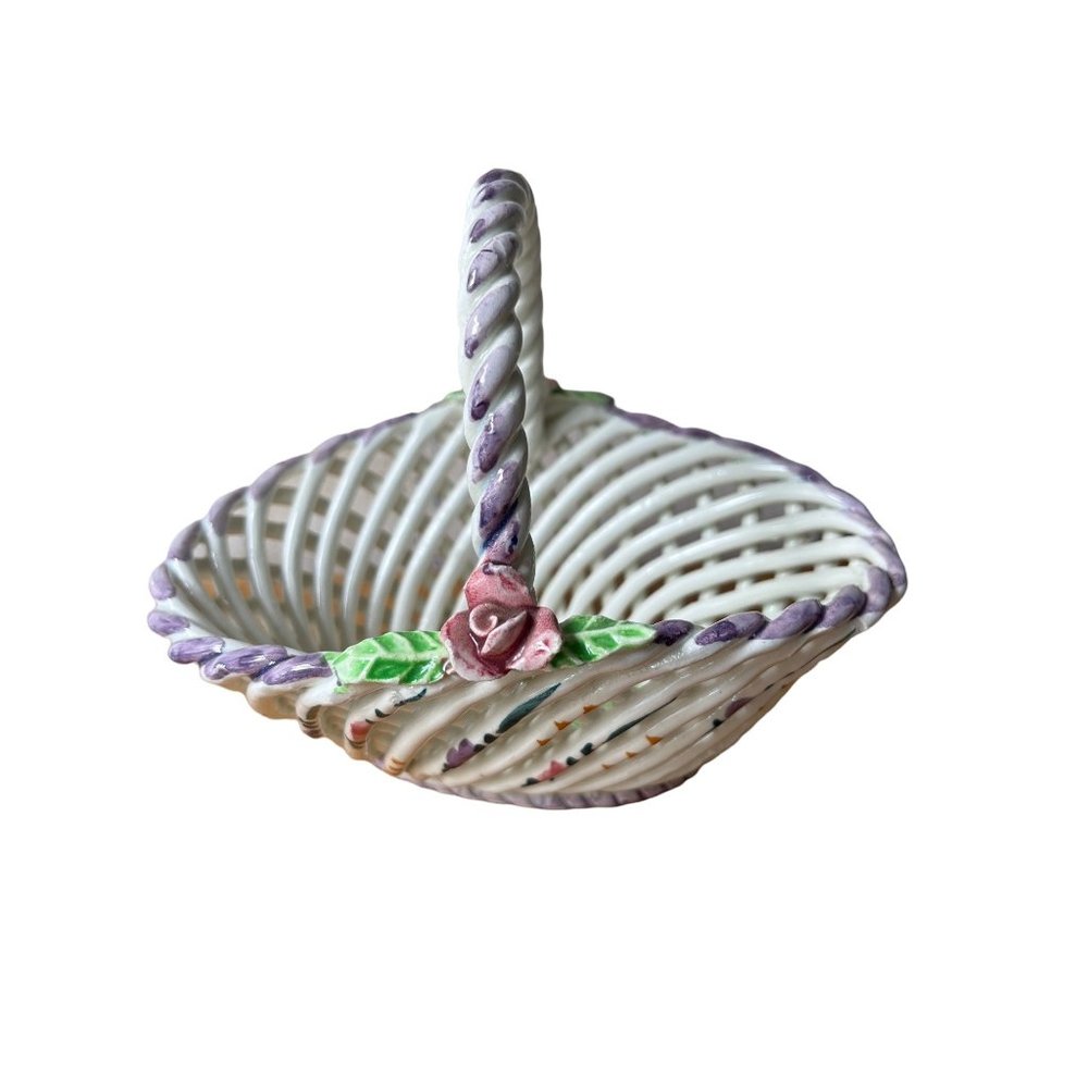 Vintage Lattice Woven Ceramic basket Spain applied flowers